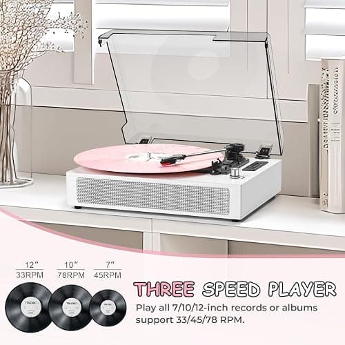 Vinyl Record Player Bluetooth with Bulit-in Speaker Extended Turntable Case | Vintage Belt-Driven 3-Speed Turntable, USB/TF Recording, Vinyl to Digital, 5 Modes on Bluetooth/USB /AUX RCA Line-Out, White thumbnail 8