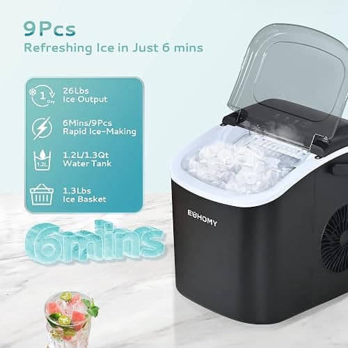 EUHOMY Countertop Ice Maker Machine with Handle, 26lbs in 24Hrs, 9 Ice Cubes Ready in 6 Mins, Auto-Cleaning Portable Ice Maker with Basket and Scoop, for Home/Kitchen/Camping/RV. (Black) - ICE MACHINE - 11.57"D x 11.42"W x 8.74"H - Black thumbnail 2