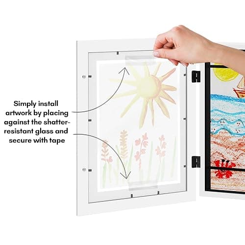 Americanflat Kids Artwork Frame Changeable (White) - Magnetic Door Holds 100 Art Pieces - 8.5x11 Letter Size Display with Mat or 10x12.5 Without Mat - My Mini Masterpiece thumbnail 8