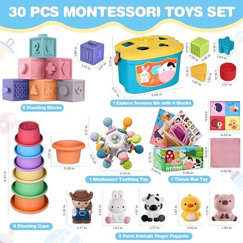 6 In 1 Baby Toys, 6-12 months Baby Toys, 0-6 12-18 Montessori Toddler Gifts For Toddlers, Farm Animals Playset & Teething & Stacking Building Block Cup & Tissue Box & Sensory Bin For Development thumbnail 2