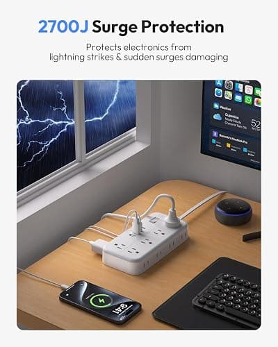 Flat Extension Cord 25 FT, NTONPOWER Long Surge Protector Power Strip, 10 Outlets 4 USB Ports (2 USB C), 3 Side 3 Prong & 2 Prong, 2700J, Overload Protection, Flat Plug Wall Mount, White, SurgePro thumbnail 5
