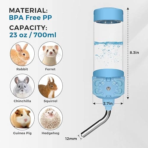 Vannon Top Fill Small Animal Water Dispenser for Cage, 23oz Auto Feeding Crate Water Bottle for Rabbit, Chinchilla, Ferret, Guinea Pig, Squirrel, Hedgehog, Pet Nozzle Diameter: 10mm, BPA Free, Blue thumbnail 6