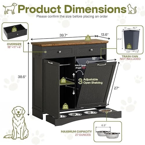 Furnaza Dog Food Storage Cabinet for Dogs & Cats,Pet Feeding Station with 4 Bowls, Tilt-Out Dog Feeding Station, Pet Storage for Kitchen, Living Room thumbnail 3