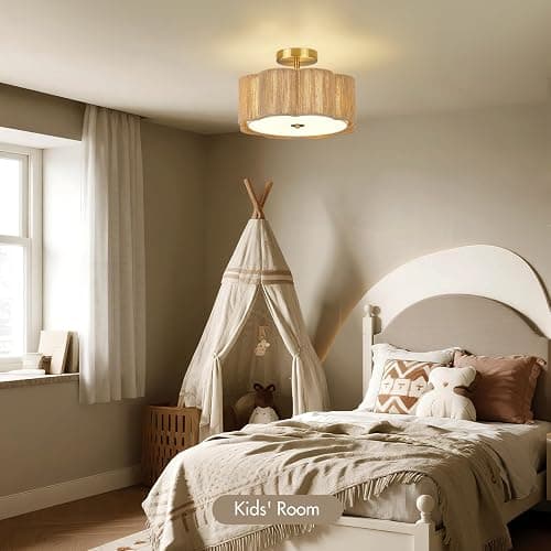 HILUXIA Boho Rattan Ceiling Light Fixture, 3-Light Semi Flush Mount Woven Ceiling Lamp with Gold Canopy, Dimmable Floral Wicker Ceiling Light for Bedroom Dining Room Kitchen Hallway Entryway Foyer thumbnail 8