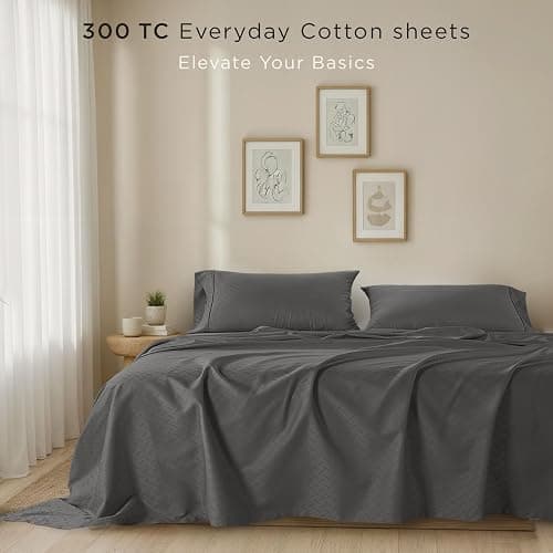 Threadmill Cotton Twin XL Sheet Set | 100% Cotton Sheets for Twin XL Size Bed | Damask Jacquard Sateen Twin XL Bed Sheets Set with 16” Deep Pocket | Soft Breathable 3-Piece Cooling Sheets | Dark Grey thumbnail 2