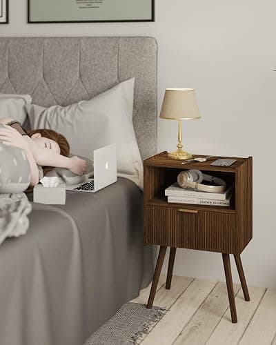 JOONEE Nightstand,Modern Bedside Table with Storage Drawer and Open Wood Shelf, for Living Room, Bedroom and Small Spaces, Accent Night Stand with Solid Wood Legs, Easy Assembly,Walnut Brown thumbnail 4