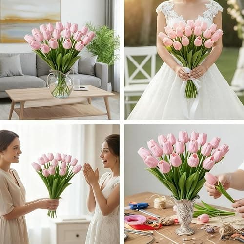 SHUERIET 20 Pcs Pink Artificial Tulips Faux Flowers, Real Touch Lifelike Fake Flower Bouquet, Home Kitchen Wedding Party Decorations, Spring Floral Arrangement thumbnail 7