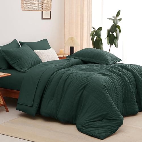 CozyLux Full Comforter Sets, 7 Pieces Forest Green Seersucker Bed in a Bag | OEKO-TEX Certified, All Season Bedding Set with 240 GSM Down Alternative Comforter, Flat & Fitted Sheets, Pillowcases & Shams thumbnail 8