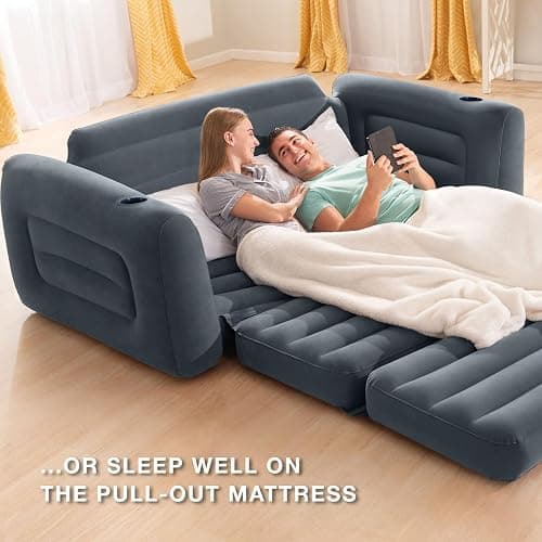 Intex Inflatable Pull-Out Sofa: Velvety Surface, 2-in-1 Valve, Cupholder, 46" x 88" x 26" - Blow-Up Couch and Folding Queen Size Air Mattress Bed thumbnail 5