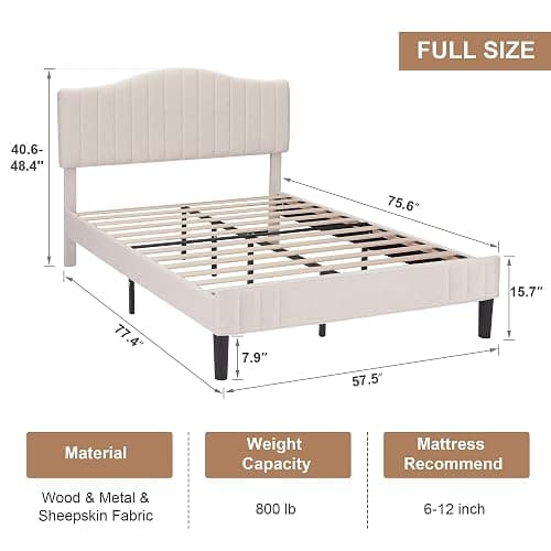 VECELO Full Size Beds Upholstered Platform Bed Frame with Height-Adjustable Teddy Fabric Headboard/Strong Wood Slats Supports / 7.9'' Under Bed Storage Space/Noise Free/No Box Spring Needed, Cream thumbnail 2