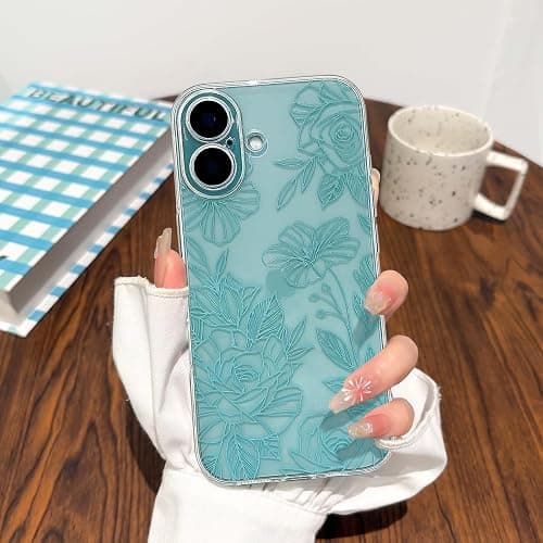 NITITOP Compatible with iPhone 16 Case Cute Clear Floral Flower Pattern for Girls Women Soft TPU Full Camera Lens Shockproof Protective Phone Cover - Teal thumbnail 4