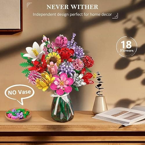 HOGOKIDS Flower Bouquet Set for Adults - 1461PCS Artificial Flowers Botanical Collection | 18 Sticks Ideas Decorative Home Plant Bouquet | Creative DIY Building Block Gift for Teens Girls Ages 8+ thumbnail 3