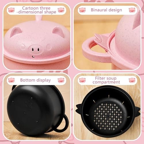 Romooa 2 Sets Large 45oz Ramen Noodle Bowl Microwavable Cute Pig Ramen Cooker Wheat Straw Microwave Bowl with Strainer Lid Handle Spoon Chopsticks Fork Gift for Home Dorm College Office (Pink,Black) thumbnail 4