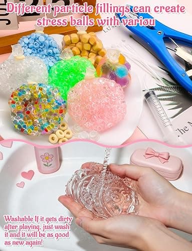 43 Pcs DIY Stress Ball Making Kit with Filler | 16 Transparent TPR Skins, 10.56 oz Fillers, Air Pump, Expander Tool, Cable Tie, Create Anxiety Relief Toys thumbnail 5