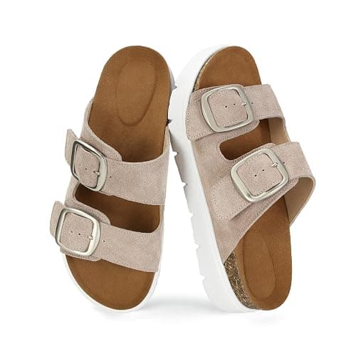 Gengzai Genuine Leather Platform Sandals for Women Comfortable Summer Beach Slides Sandals with Double Adjustable Buckle thumbnail 4