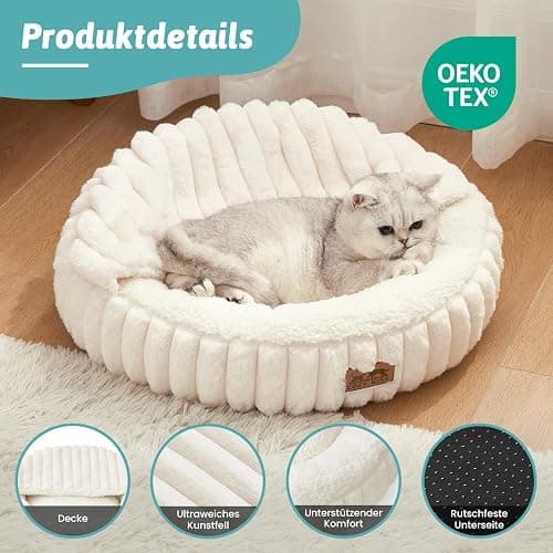 COZY KISS Katzenbett mit Decke 50x50x15cm - Flauschige Kleine Katzenhöhle - Kissen, Runde kleine Hundebett mit Rutschfester Unterseite, Katzensofa mit Kopfstütze aus Kunstfell, Waschbares, Creme thumbnail 4