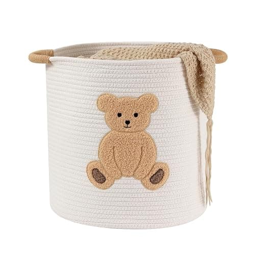 Large Blanket Baskets for Living Room, Teddy Bear Baskets Toy Storage Basket, 14" x 14" Woven Cotton Rope Basket for Kids, Toys Organizer Clothes Hamper with Embroidery, Teddy Bear Nursery Decor - Image 1