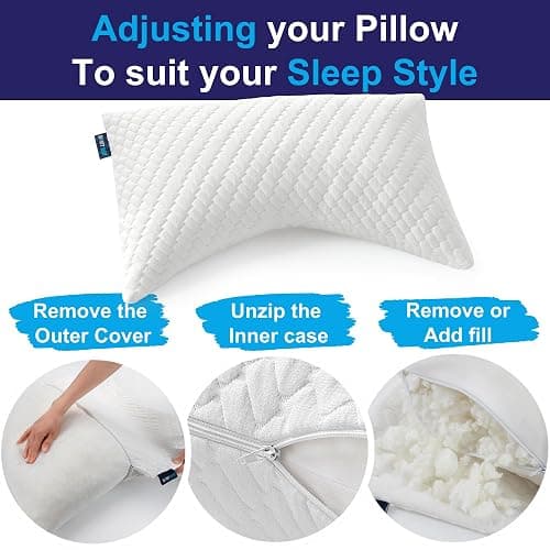 Sidney Sleep Pillow for Side and Back Sleepers - Comfort for Neck and Shoulder Pain - Adjustable Contour Fill - Queen Size - Extra Fill Included (White) thumbnail 3