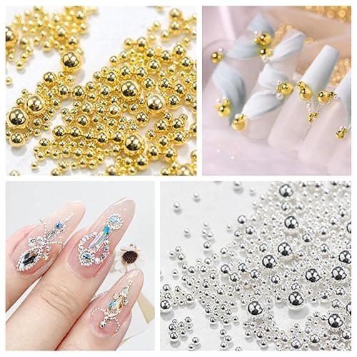 Silver Gold Nail Charms 2 Boxes Round Balls Caviar Beads for Nails Art Design Gold Nail Beads Gems 3D Metallic Jewelry Decorations for DIY Salon Manicure with Tools thumbnail 6
