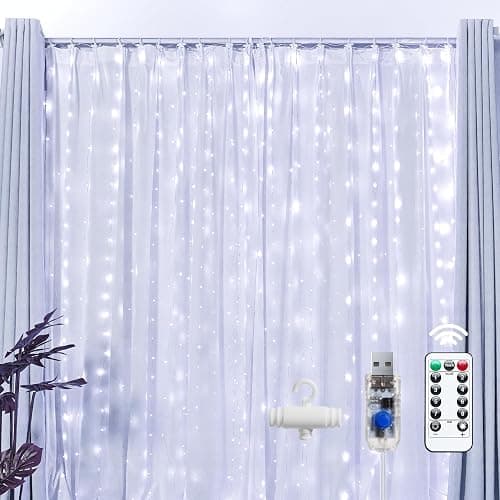 Brightown 300 LED Fairy Curtain Lights, 9.8ft x 9.8ft White Curtain String Lights, Winter Wonderland Decorations, USB Plug 8 Modes LED Christmas String Hanging Lights with Remote for Indoor Outdoor - Image 1