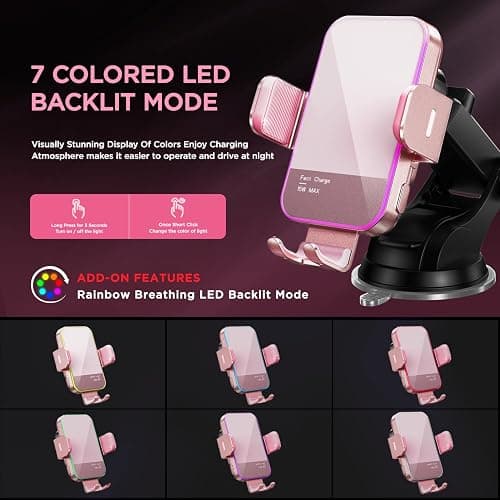 Wireless Car Charger,【7 Colored LED Backlit】 15W Auto Clamping Car Charger Phone Mount Holder fit for iPhone 14 13 12 Mini Pro Max 11 XR XS, Samsung Galaxy S23 Ultra S22 S21+ S10+ Note 20, etc - Pink thumbnail 2