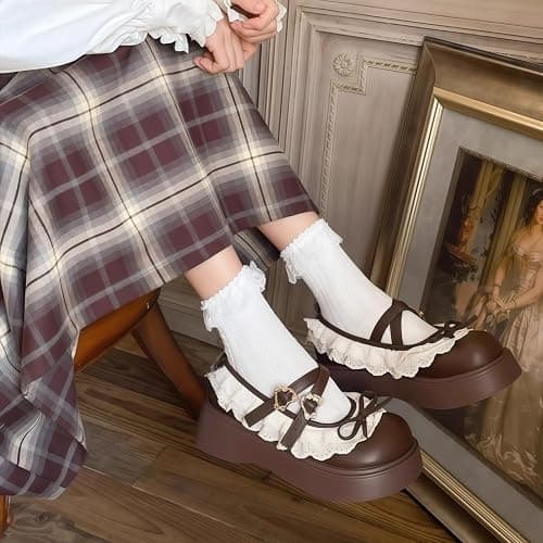 Frauen Lolita Schuhe Absatz Mary Jane Spitze Pumps mit Schleife Kawaii Nette Cosplay Keil Stiefel Cross Strap Block Heel Süße Art thumbnail 8