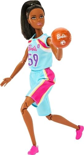 Barbie Careers Fashion Doll & Accessories, Made to Move Brunette Basketball Player Wearing Removable Uniform with Ball, 22 Bendable Joints thumbnail 4