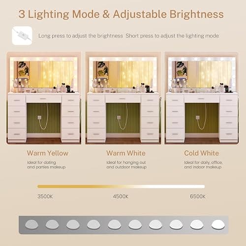 FIONESO Vanity Desk with Glass Top & Lights Mirror, 3 Adjustable Lighting Color, Makeup Vanity with 9 Drawers and 12 LED Lights, Dressing Table for Bedroom, Vanity for Girls, White thumbnail 6