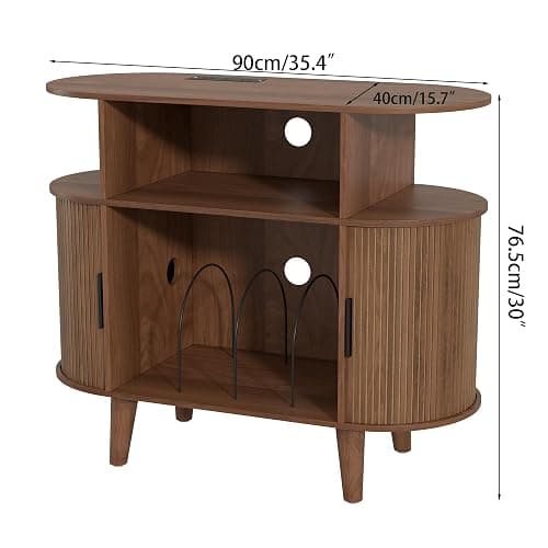 LUVIOHOME Large Round Record Player Stand with Charging Station & USB Ports，Record Storage Cabinet, Mid Century Modern Turntable Stand for Bedroom Living Room (Small Brown) thumbnail 2