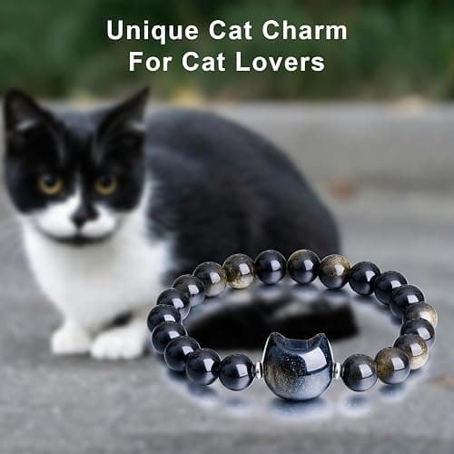 Beaded Bracelets for Women, Black Obsidian Money Attraction Bracelet, 8mm Healing Relax Anxiety Luck Crystal Bead Bracelets, Adjustable Jewelry Feng Shui Stretch Bracelet Cat Lover Gifts for Women Men thumbnail 4