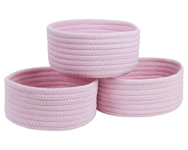 Small Storage Basket, Set of 3 Woven Baskets, Cotton Rope Small Baskets for Organizing, Cute Mini Tiny Round Basket, Bathroom Organization Bin (Pink) - Image 1