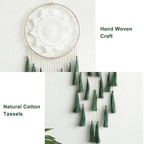 Artilady Macrame Dream Catchers for Bedroom - Tassel Wall Hanging Handmade Dreamcatchers Home Decor with Tassel Feather Ornament Craft Blessing Gift (Dark Green) thumbnail 4