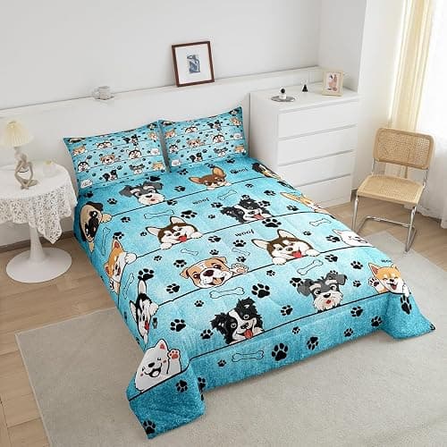 Manfei Cute Dog Comforter Set for Kids Room Decor Cartoon Puppy Pet Animals Bedding Comforter Twin Size Black Paw Print Blue Soft Polyester Quilt Set with 1 Pillowcase thumbnail 3
