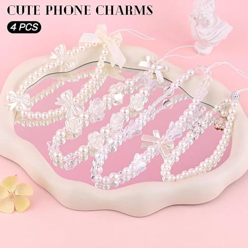 4 PCS Cute Phone Charms Aesthetic Y2K Cellphone Wrist Strap Bedazzling Flower Bow Butterfly Accessories ABS Imitation Pearl Beaded Anti-Theft Chain String for Bag Keychain Airpods Camera Decor thumbnail 2