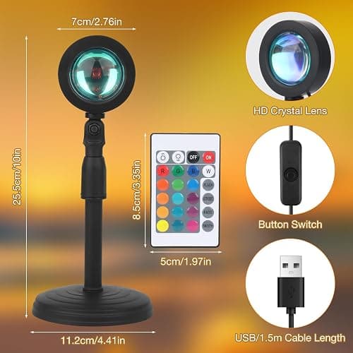 Mineup Sunset Lamp, 16 Farben Sonnenuntergang Lampe, 180° Drehung, Dimmbar USB Anschluss, Sonnenlicht LED Projektor, Sonnenlicht Lampe für Schlafzimmer, Fotografie, Wohnzimmer Party thumbnail 2