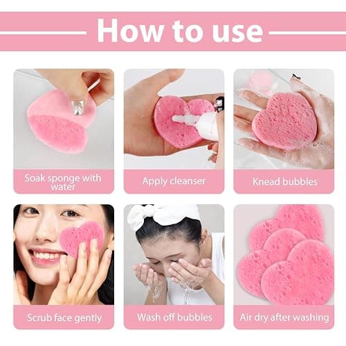 60-Count Compressed Facial Sponges with Container, Heart Shape Compressed Face Sponge, 100% Natural Sponge Pads for Face Cleansing, Massage, Pore Exfoliating Mask, Makeup Removal (Pink) thumbnail 7
