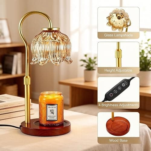 Dreamholder Electric Candle Warmer Lamp with Timer, Dimmable Candle Lamp with Adjustable Height, Glass Wax Melter for Jar Candles Wood Base Floral Home Decor Gifts for Women Mom, Walnut Wood thumbnail 3