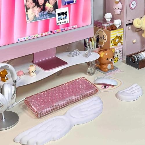 Angel Wing Wrist Rest Ergonomic Memory Foam Wrist Rest for Computer Keyboard Mouse Set, Cute Gaming Keyboard Cushion Hand Support PU Leather Surface Anti-Slip Waterproof White Angel Wing thumbnail 2