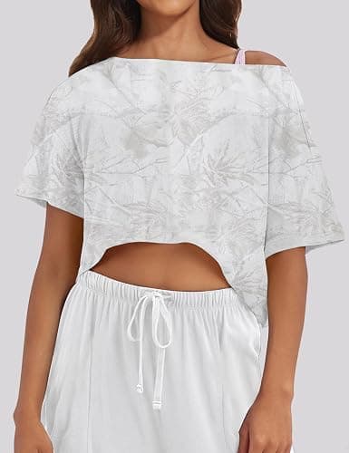 MISSACTIVER Oversized Off The Shoulder Top for Women Short Sleeve Boat Neck Crop Tee Loose Summer Workout Shirt thumbnail 2