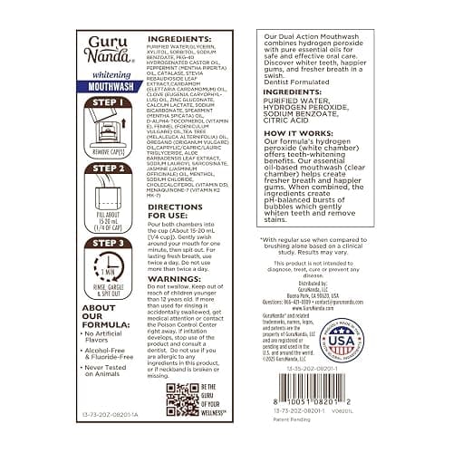 GuruNanda Teeth Whitening Dual Barrel Oxyburst Mouthwash - Alcohol & Fluoride Free, Hydrogen Peroxide to Promote Whiter Teeth - Wild Mint - 20 Fl Oz thumbnail 9