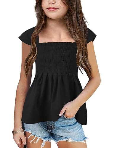 Bingerlily Girls Summer Casual Tops Square Neck T Shirts Cute Smocked Top Tees - Image 1