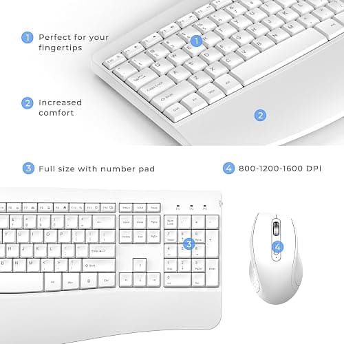 Ergonomic Keyboard and Mouse Combo, Full Size Cordless Computer Keyboard with Palm Wrist Rest Ergonomic Mouse for Windows Computers Laptops - White thumbnail 3