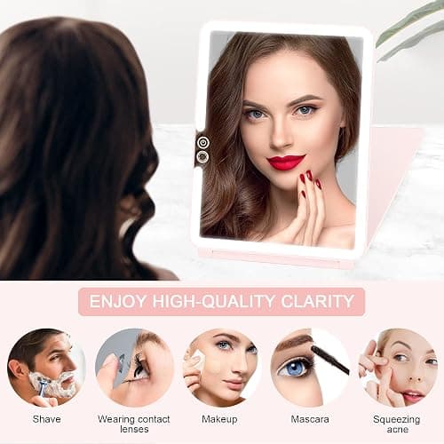 deweisn Folding Travel Mirror Lighted Makeup Mirror with 72 LEDs 3 Colors Light Modes, USB Rechargable, Portable, Ultra Thin, CompactVanity Mirror with Touch Screen Dimming for Cosmetic (Pink) thumbnail 5