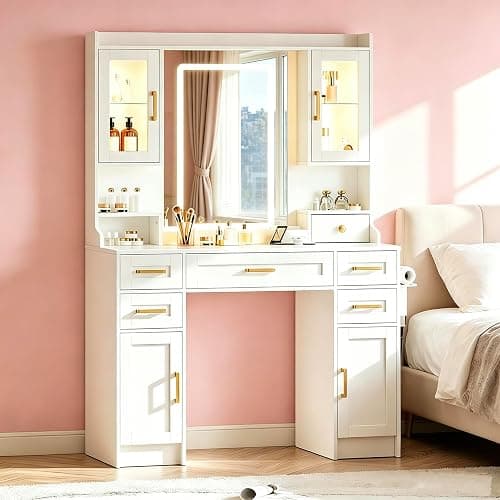YBXGO White Makeup Vanity Table with LED Lighted Mirror | 3 Light Modes, Power Outlet, 6 Drawers & 4 Storage Cabinets, Modern Dressing Desk for Bedroom - Image 1