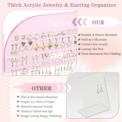 Keebofly Acrylic Earring Organizer Stand with 14 Hooks - Pink | Cute Earring Holder for Girls & Teens, Jewelry Display with 300 Holes & 14 Hooks, Vanity Desk Decor thumbnail 7