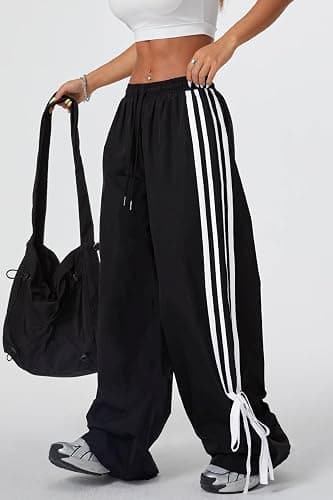 BEAUDRM Women's Y2K Baggy Bow Wide Leg Pants Striped Track Elastic Waist Long Sweatpants Parachute Pants thumbnail 5
