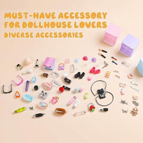 76pcs Miniature Dollhouse Accessories,Dollhouse Bathroom Set with Makeup Set Towel Toothbrush Shampoo Toiletries Set,Miniature Stuff Jewelry Storage Case Perfume Shoes Backpack for Girl Micro Scene thumbnail 3