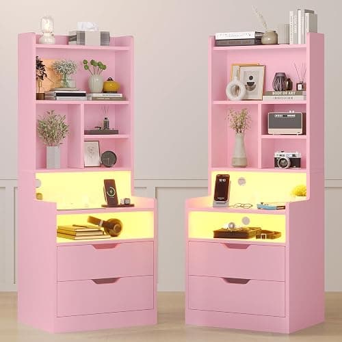 ADORNEVE Tall Nightstand Set of 2 with LED Lights,Pink | Tall Night Stand with Charging Station and Bookshelf,Bedside Table with Drawers,Side Tables Bedroom - Image 1