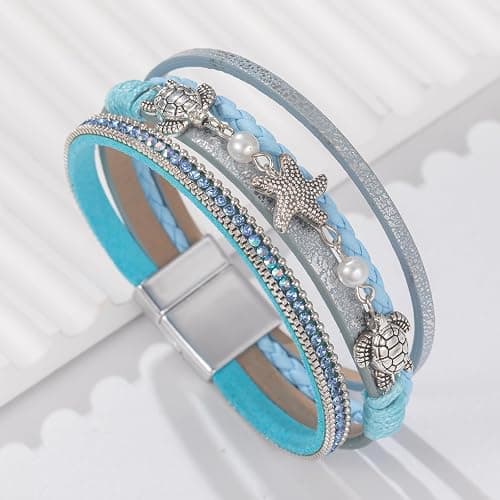 FANCY SHINY Turtle Starfish Leather Wrap Bracelet Boho Rhinestone Pearl Cuff Bracelet with Magnetic Clasp for Women thumbnail 5