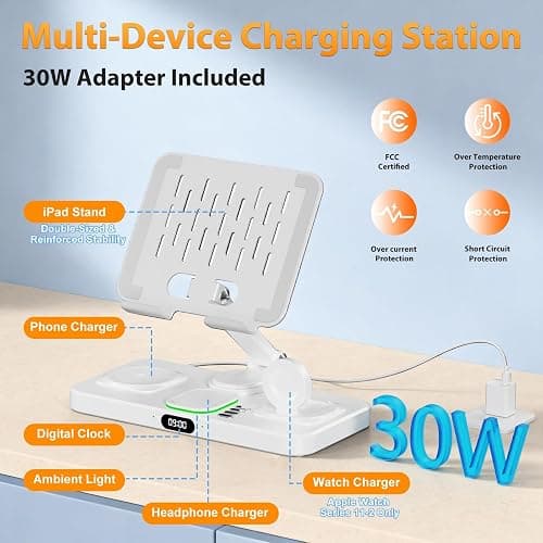 30W Charging Station for Apple Products, Foldable Wireless Charger with Clock Display&7 Color Light, Wired Charging for iPad/Tablet Charging Station for iPhone16, for Apple Watch10 for AirPods4(Cream thumbnail 3